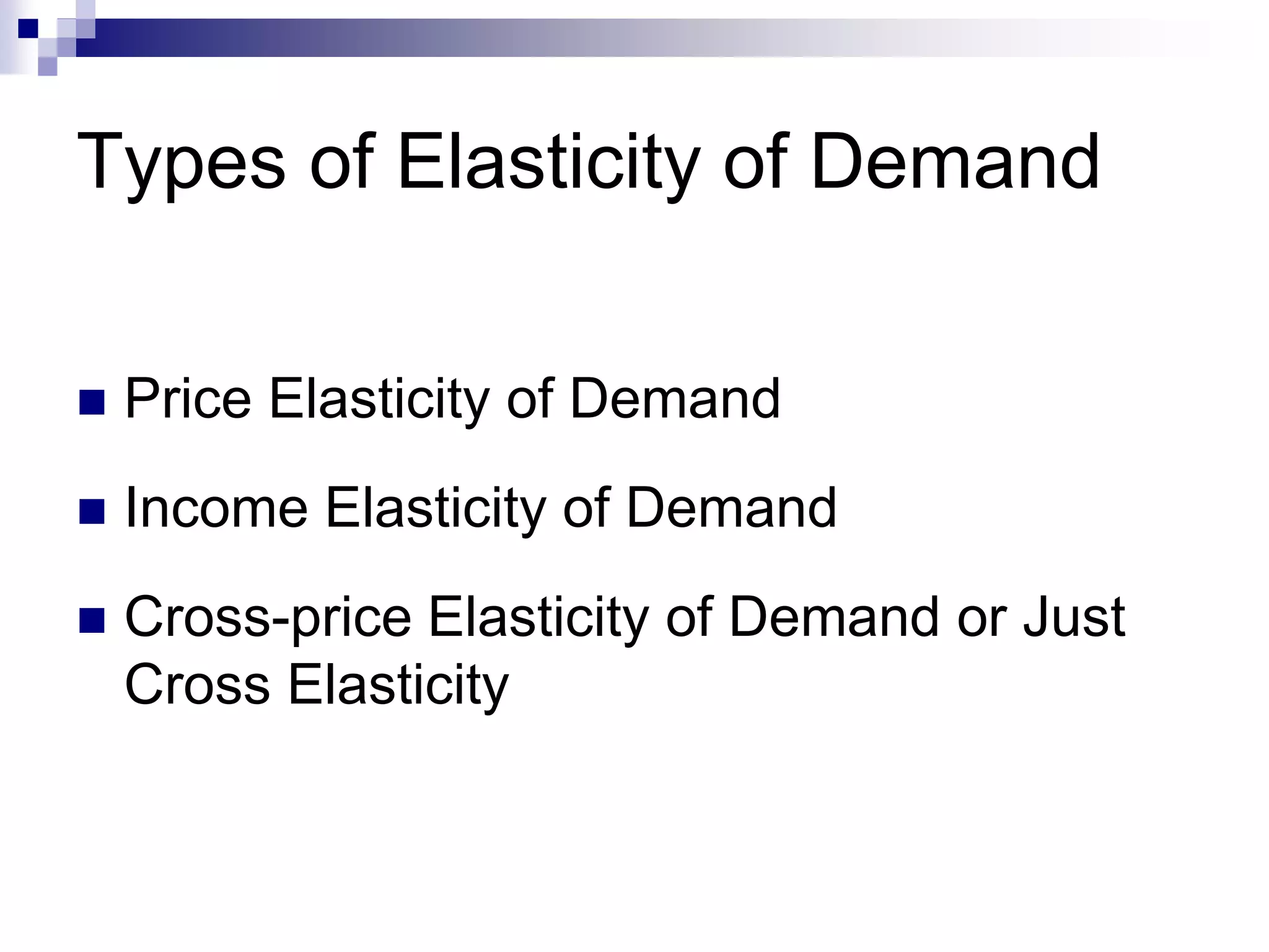 Types of Elasticity of Demand
 Price Elasticity of Demand
 Income Elasticity of Demand
 Cross-price Elasticity of Demand or Just
Cross Elasticity
 