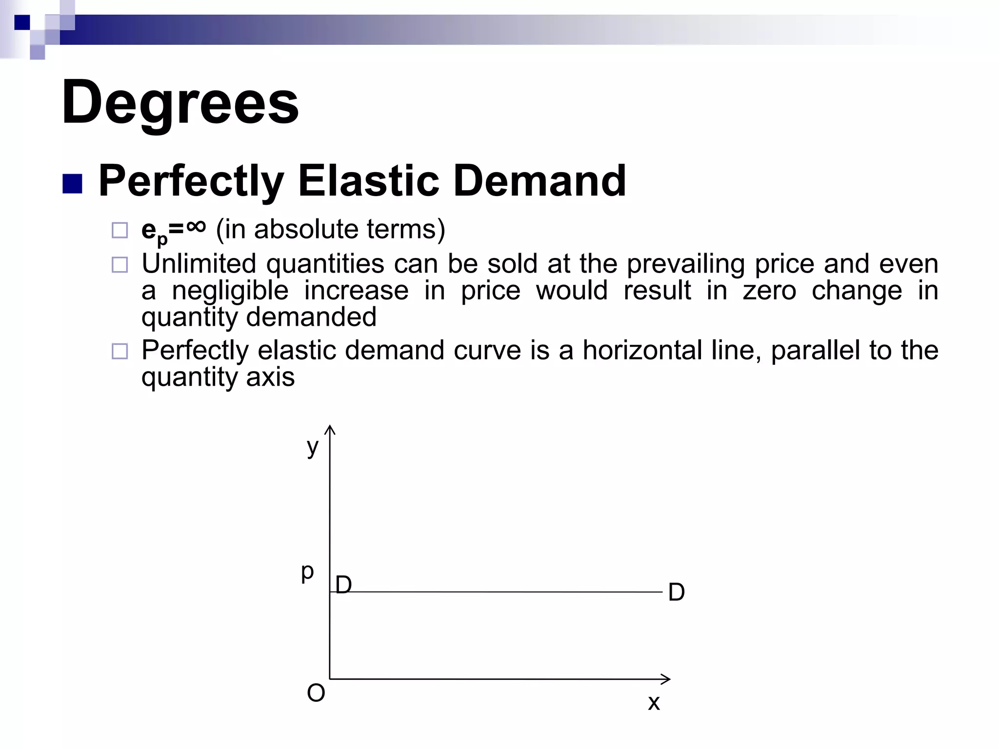 Degrees
 Perfectly Elastic Demand
 ep=∞ (in absolute terms)
 Unlimited quantities can be sold at the prevailing price and even
a negligible increase in price would result in zero change in
quantity demanded
 Perfectly elastic demand curve is a horizontal line, parallel to the
quantity axis
D D
O x
y
p
 