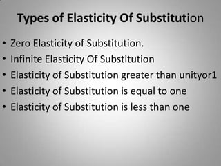 Types of Elasticity Of SubstitutionZero Elasticity of Substitution.Infinite Elasticity Of SubstitutionElasticity of Substitution greater than unityor1Elasticity of Substitution is equal to oneElasticity of Substitution is less than one