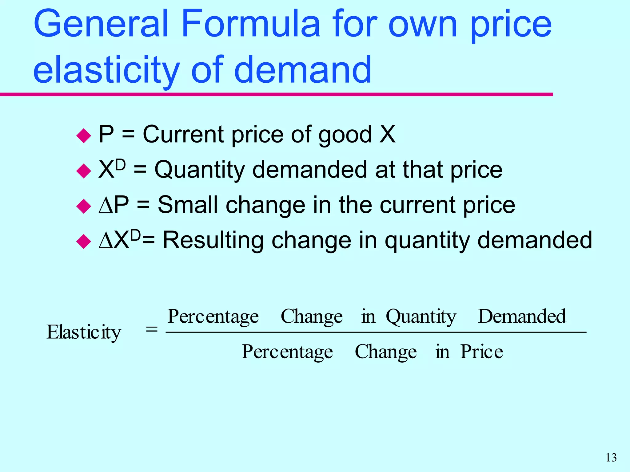 Elastic: own price elasticity greater than 1General Formula for own price elasticity of demandP = Current price of good XXD = Quantity demanded at that priceDP = Small change in the current priceDXD= Resulting change in quantity demanded