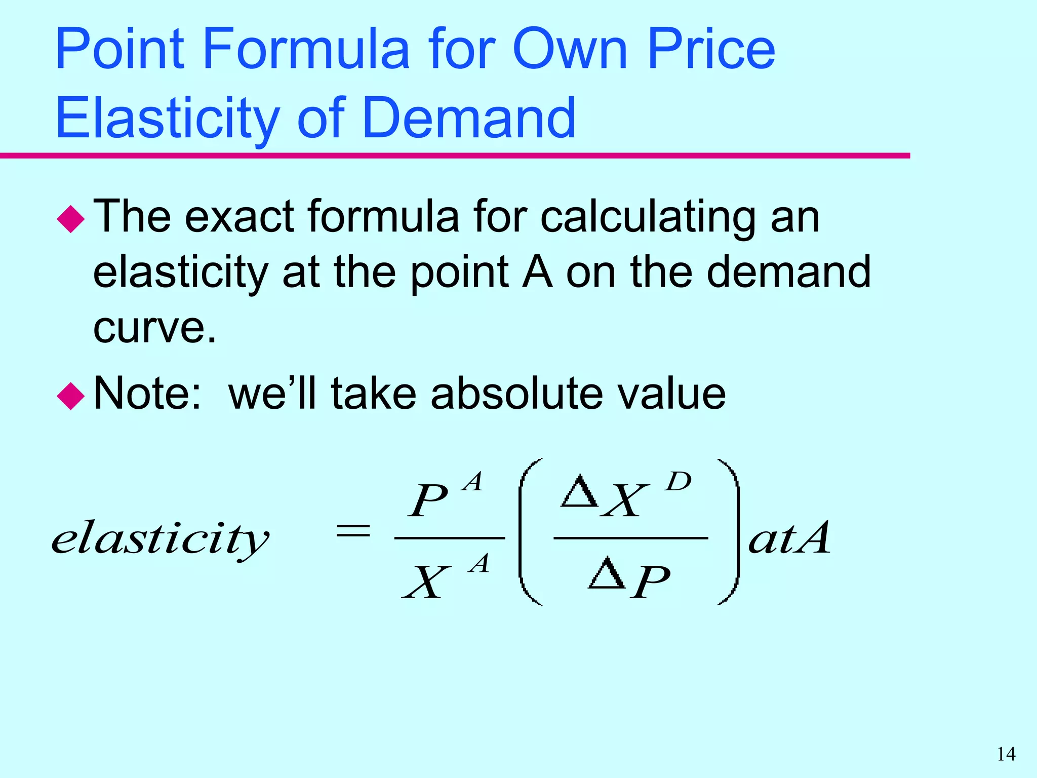 Point Formula for Own Price Elasticity of DemandThe exact formula for calculating an elasticity at the point A on the demand curve.Note:  we’ll take absolute value