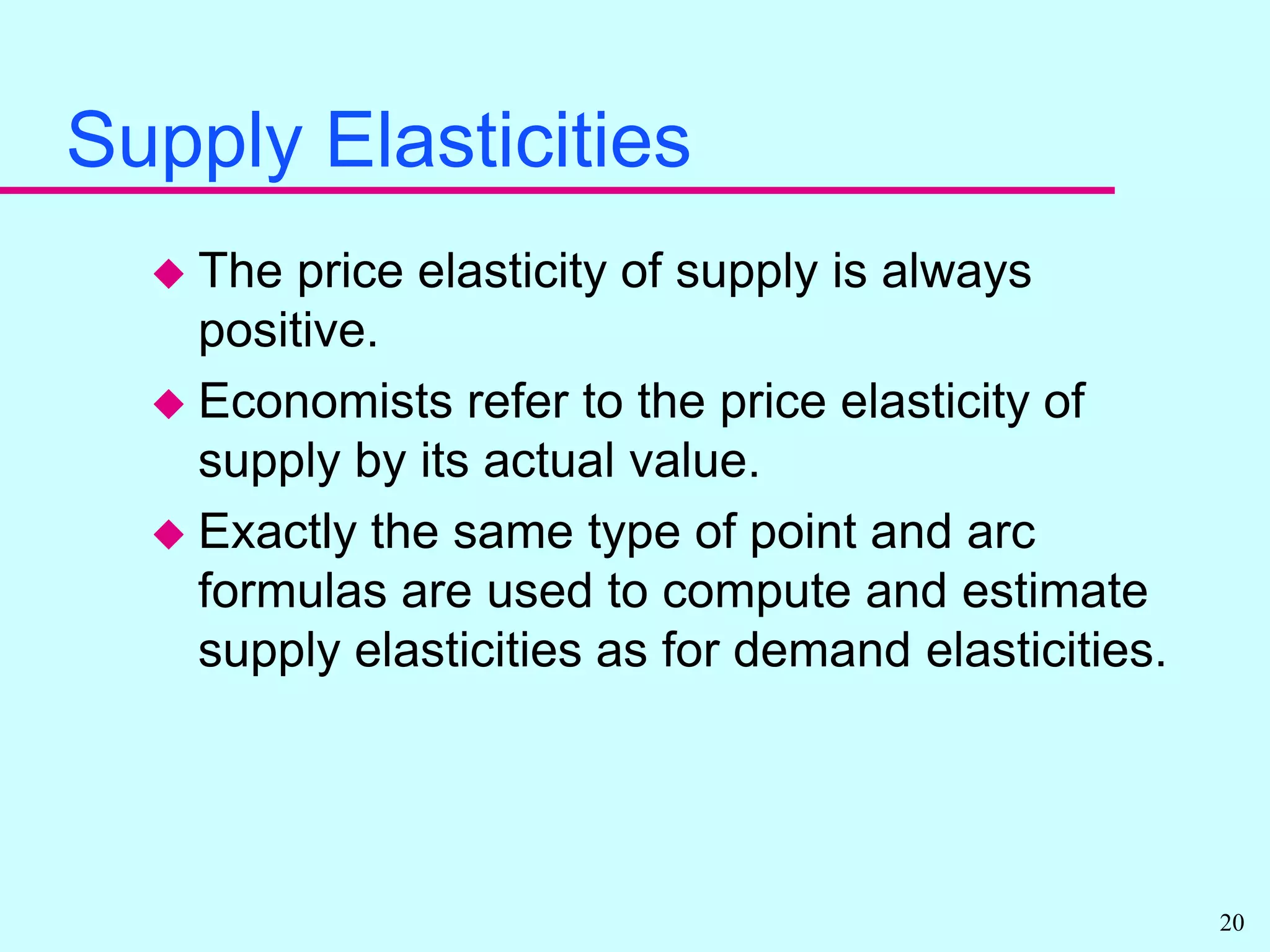 Elasticities and Linear DemandThe elasticity varies along a linear demand (or supply) curve. This is illustrated in the linear demand curve table above. Note:  Usually we would report last column as absolute value