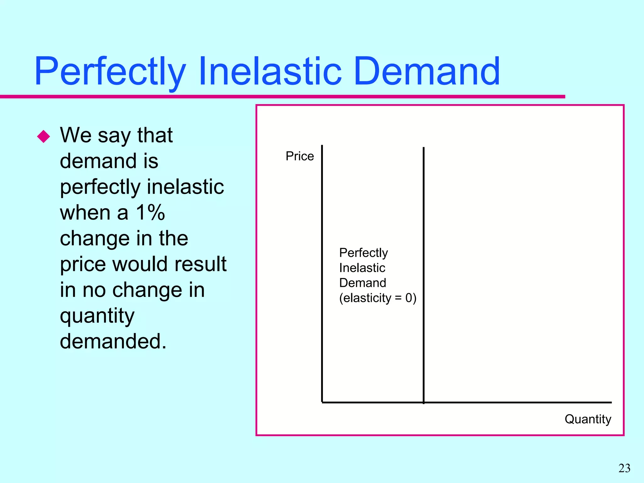 Perfectly Elastic DemandPricePerfectly Elastic Demand (elasticity = ¥)QuantityWe say that demand is perfectly elastic when a 1% change in the price would result in an infinite change in quantity demanded.