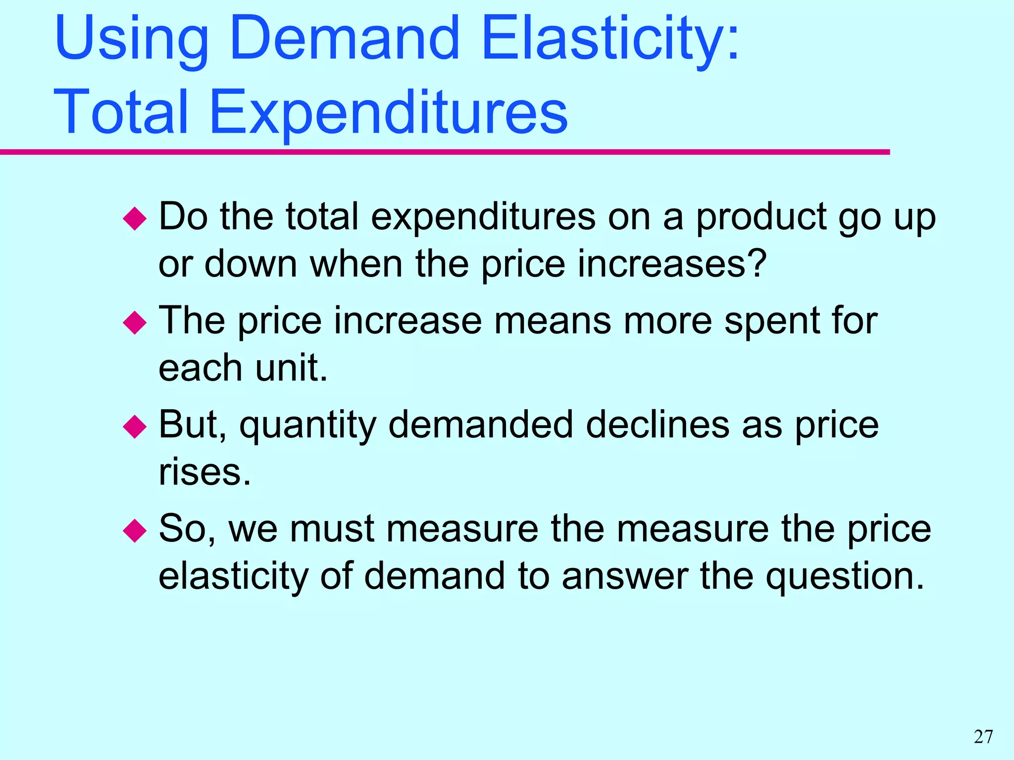 Determinants of elasticityWhat is a major determinant of the own price elasticity of demand?  Availability of substitutes in consumption.What is a major determinant of the own price elasticity of supply?  Availability of alternatives in production.