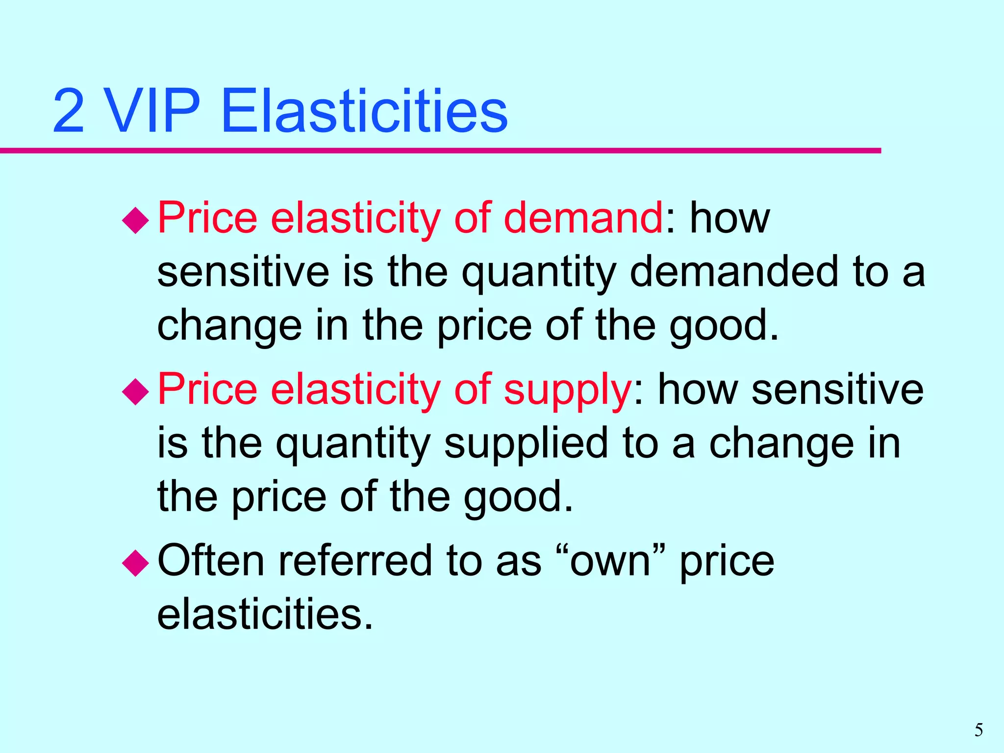 2 VIP ElasticitiesPrice elasticity of demand: how sensitive is the quantity demanded to a change in the price of the good.Price elasticity of supply: how sensitive is the quantity supplied to a change in the price of the good.Often referred to as “own” price elasticities.