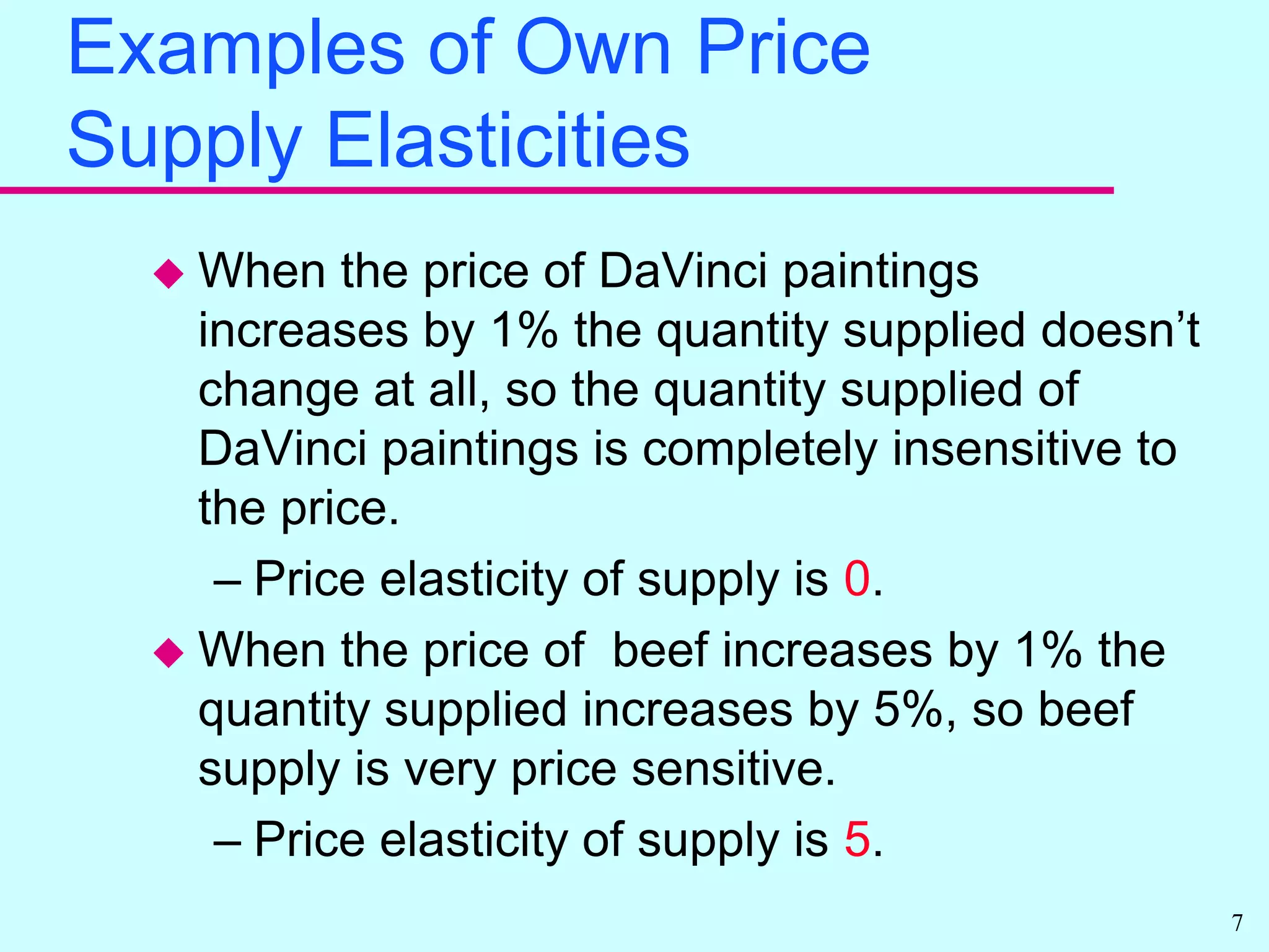 Examples of Own PriceSupply ElasticitiesWhen the price of DaVinci paintings increases by 1% the quantity supplied doesn’t change at all, so the quantity supplied of DaVinci paintings is completely insensitive to the price.Price elasticity of supply is 0.When the price of  beef increases by 1% the quantity supplied increases by 5%, so beef supply is very price sensitive.Price elasticity of supply is 5.