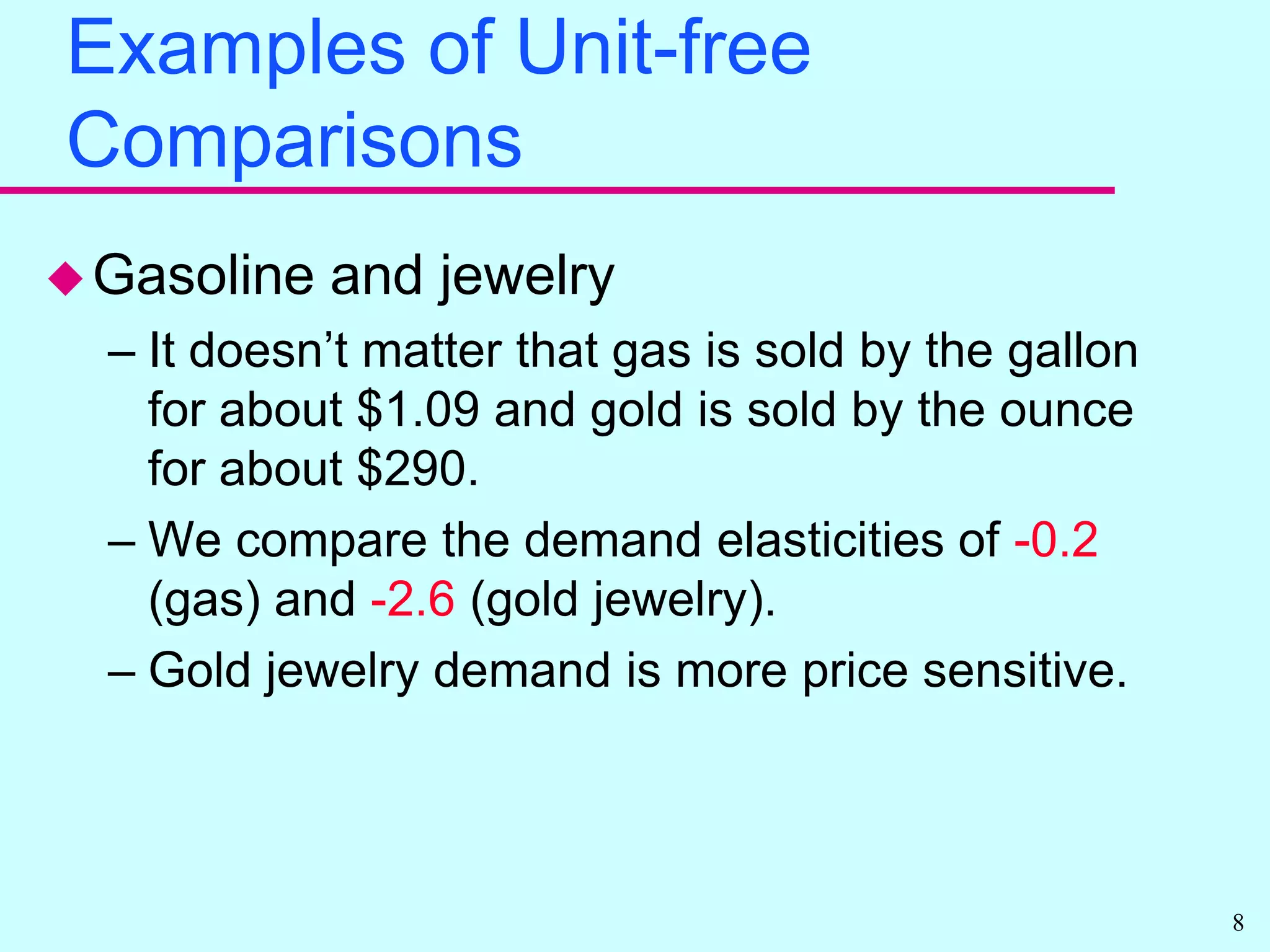 Examples of Unit-free ComparisonsGasoline and jewelry It doesn’t matter that gas is sold by the gallon for about $1.09 and gold is sold by the ounce for about $290.We compare the demand elasticities of -0.2 (gas) and -2.6 (gold jewelry).Gold jewelry demand is more price sensitive.