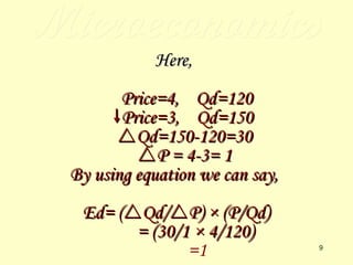 Microeconomics Here, Price=4,  Qd=120  Price=3,  Qd=150  Qd=150-120=30  P = 4-3= 1 By using equation we can say, Ed= (  Qd/  P) × (P/Qd) = (30/1 × 4/120) =1 