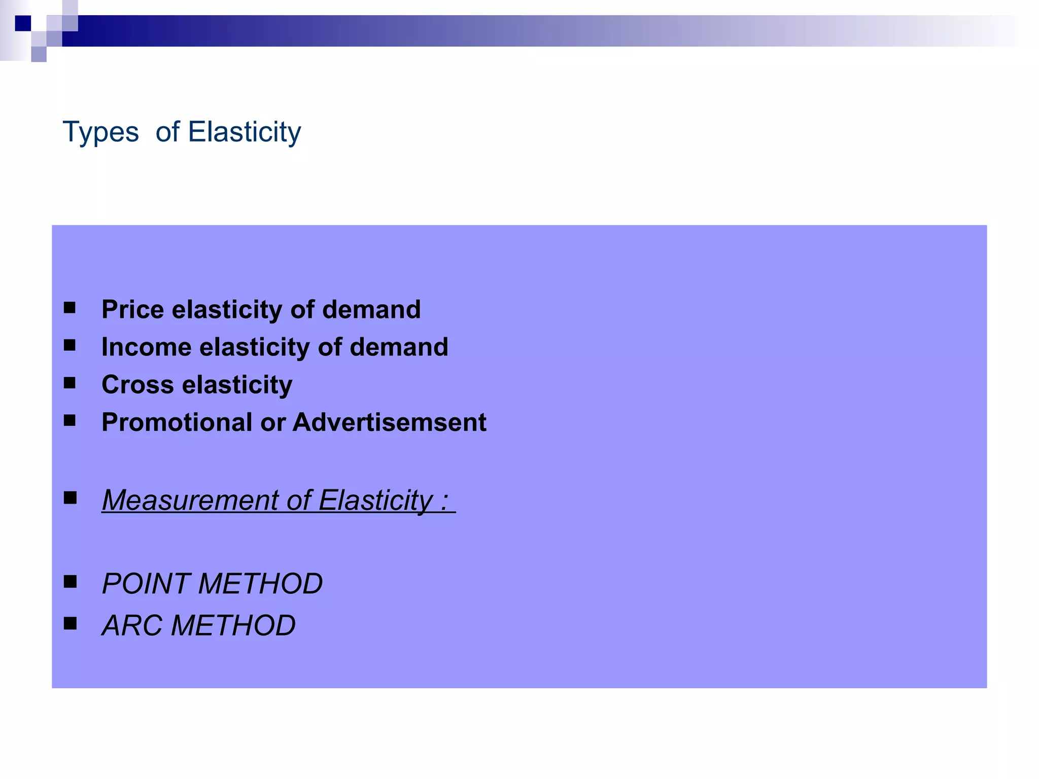 Types of Elasticity




   Price elasticity of demand
   Income elasticity of demand
   Cross elasticity
   Promotional or Advertisemsent

   Measurement of Elasticity :

   POINT METHOD
   ARC METHOD
 