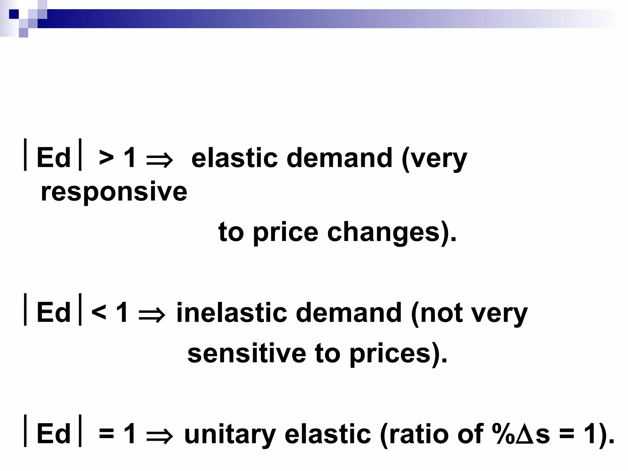 Ed > 1 ⇒ elastic demand (very
 responsive
             to price changes).

Ed< 1 ⇒ inelastic demand (not very
           sensitive to prices).

Ed = 1 ⇒ unitary elastic (ratio of %∆s = 1).
 