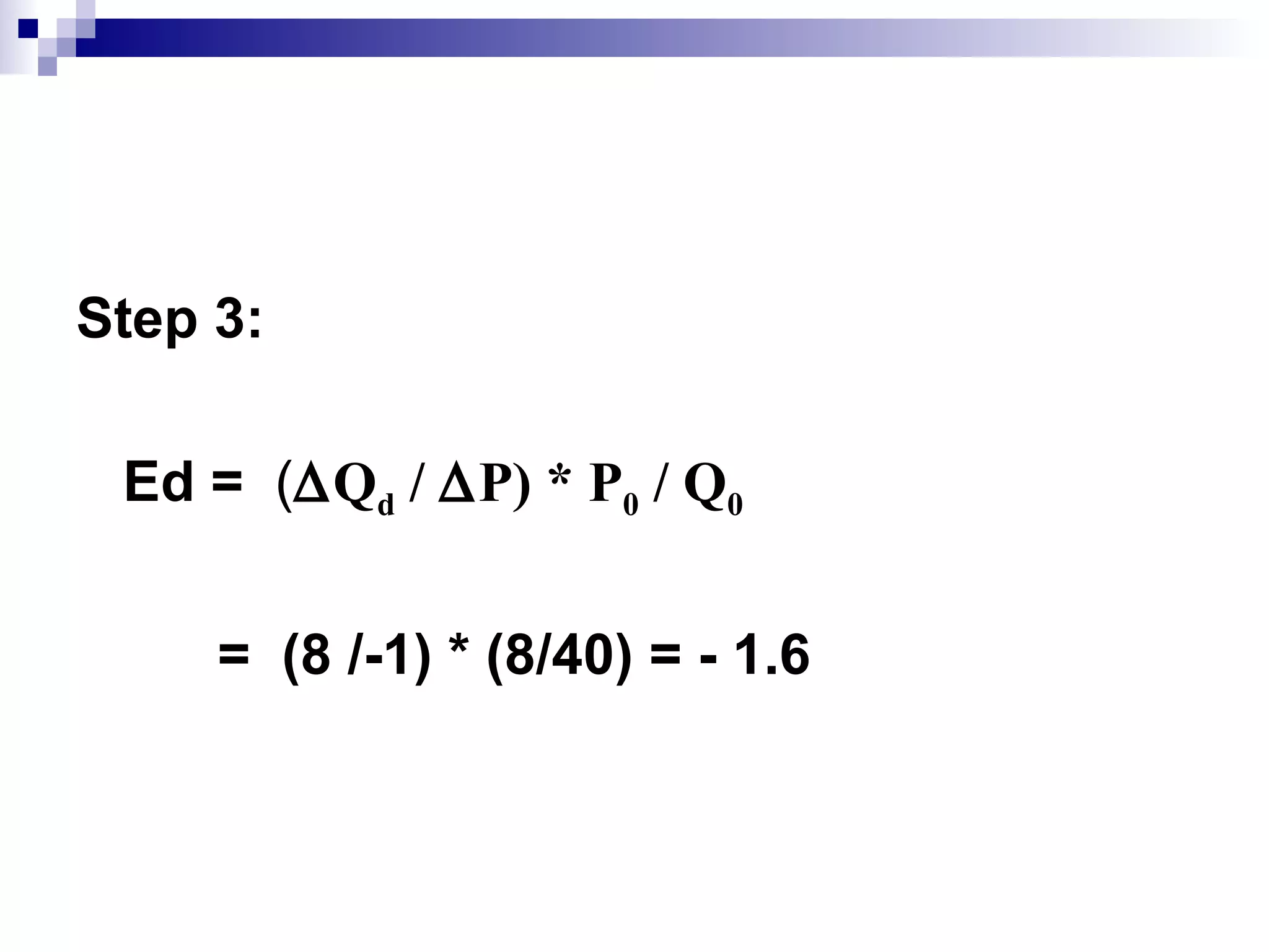 Step 3:

 Ed = (∆Qd / ∆P) * P0 / Q0


     = (8 /-1) * (8/40) = - 1.6
 