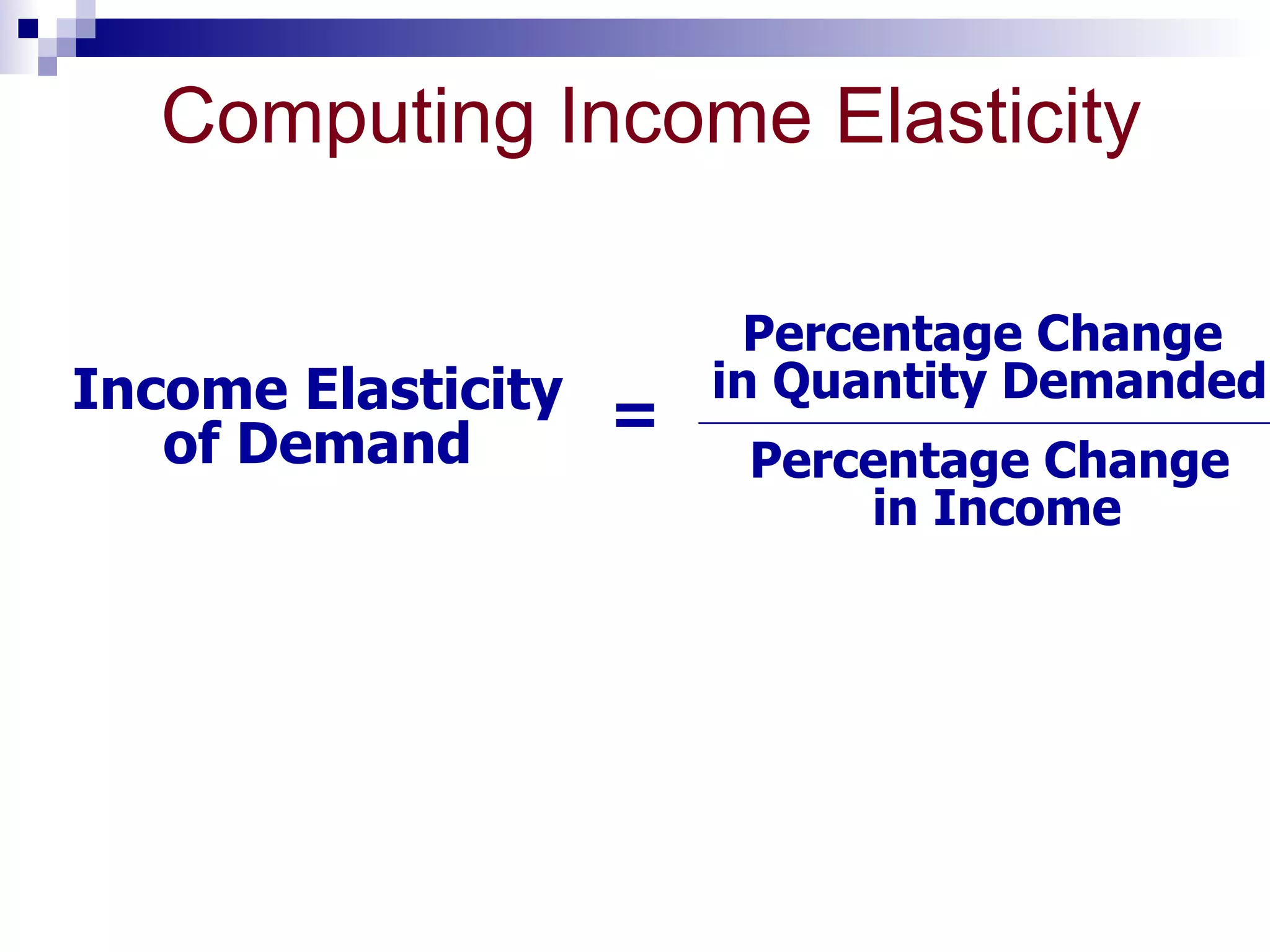 Computing Income Elasticity

                       Percentage Change
Income Elasticity =   in Quantity Demanded
   of Demand           Percentage Change
                           in Income
 