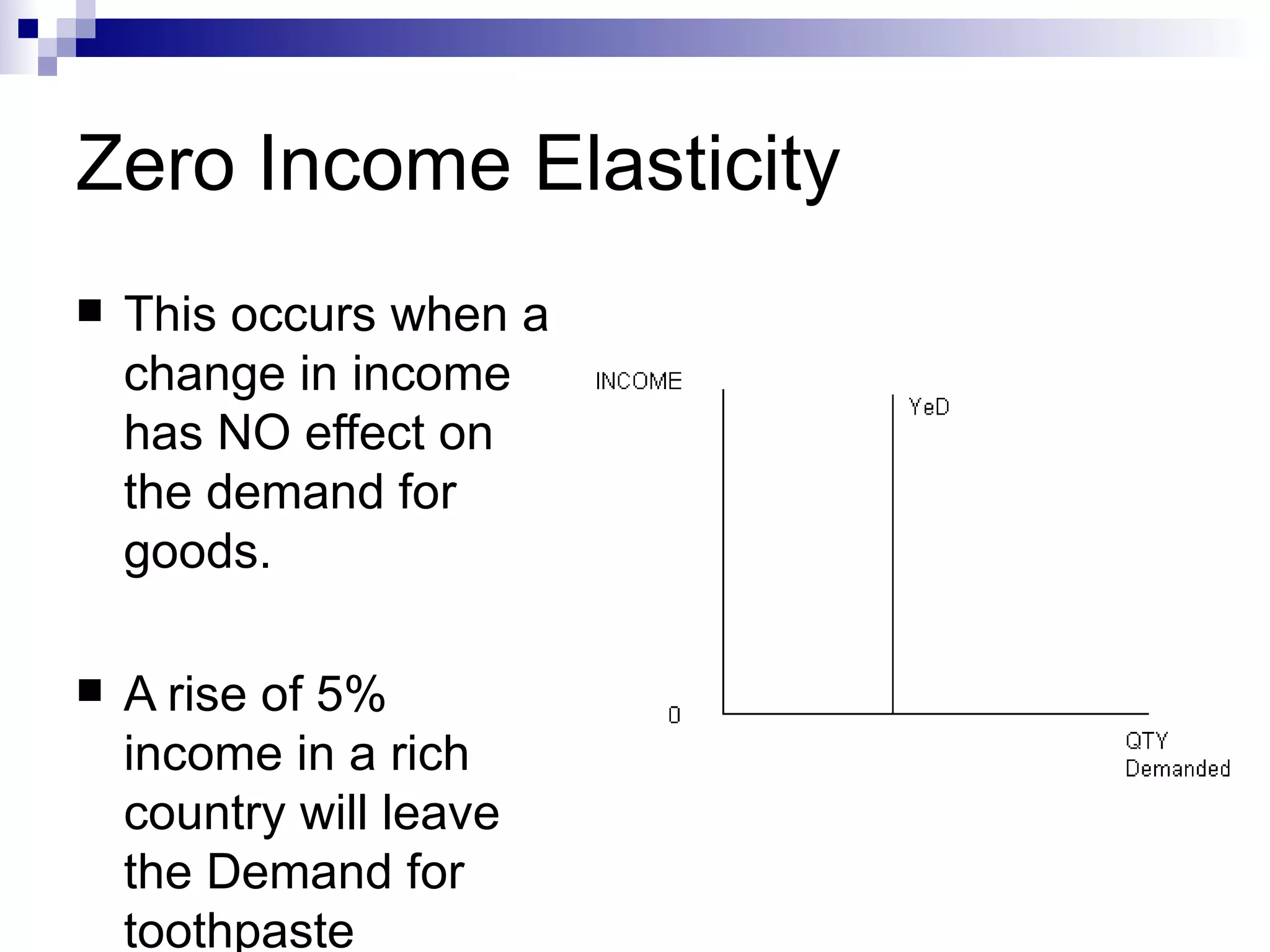 Zero Income Elasticity
   This occurs when a
    change in income
    has NO effect on
    the demand for
    goods.

   A rise of 5%
    income in a rich
    country will leave
    the Demand for
    toothpaste
 