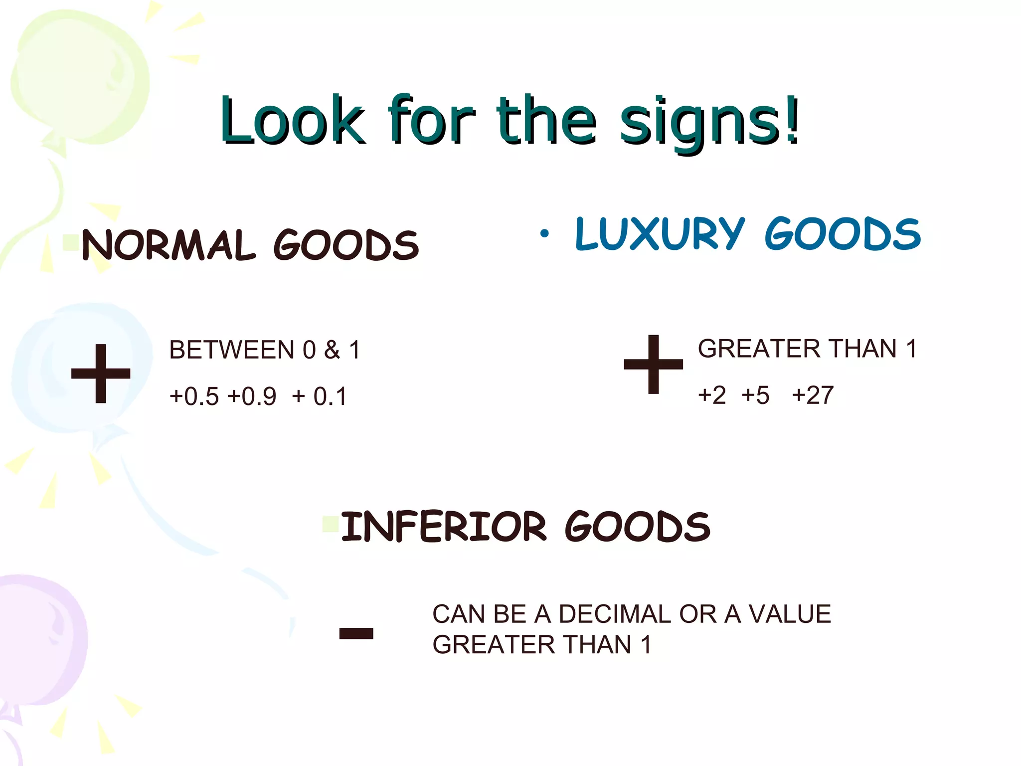 Look for the signs!
NORMAL     GOODS            • LUXURY GOODS


+   BETWEEN 0 & 1
    +0.5 +0.9 + 0.1               +    GREATER THAN 1
                                       +2 +5 +27




                INFERIOR     GOODS


                 -    CAN BE A DECIMAL OR A VALUE
                      GREATER THAN 1
 