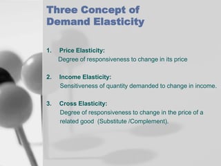 Three Concept of
Demand Elasticity
1.

Price Elasticity:
Degree of responsiveness to change in its price

2.

Income Elasticity:
Sensitiveness of quantity demanded to change in income.

3.

Cross Elasticity:
Degree of responsiveness to change in the price of a
related good (Substitute /Complement).

 