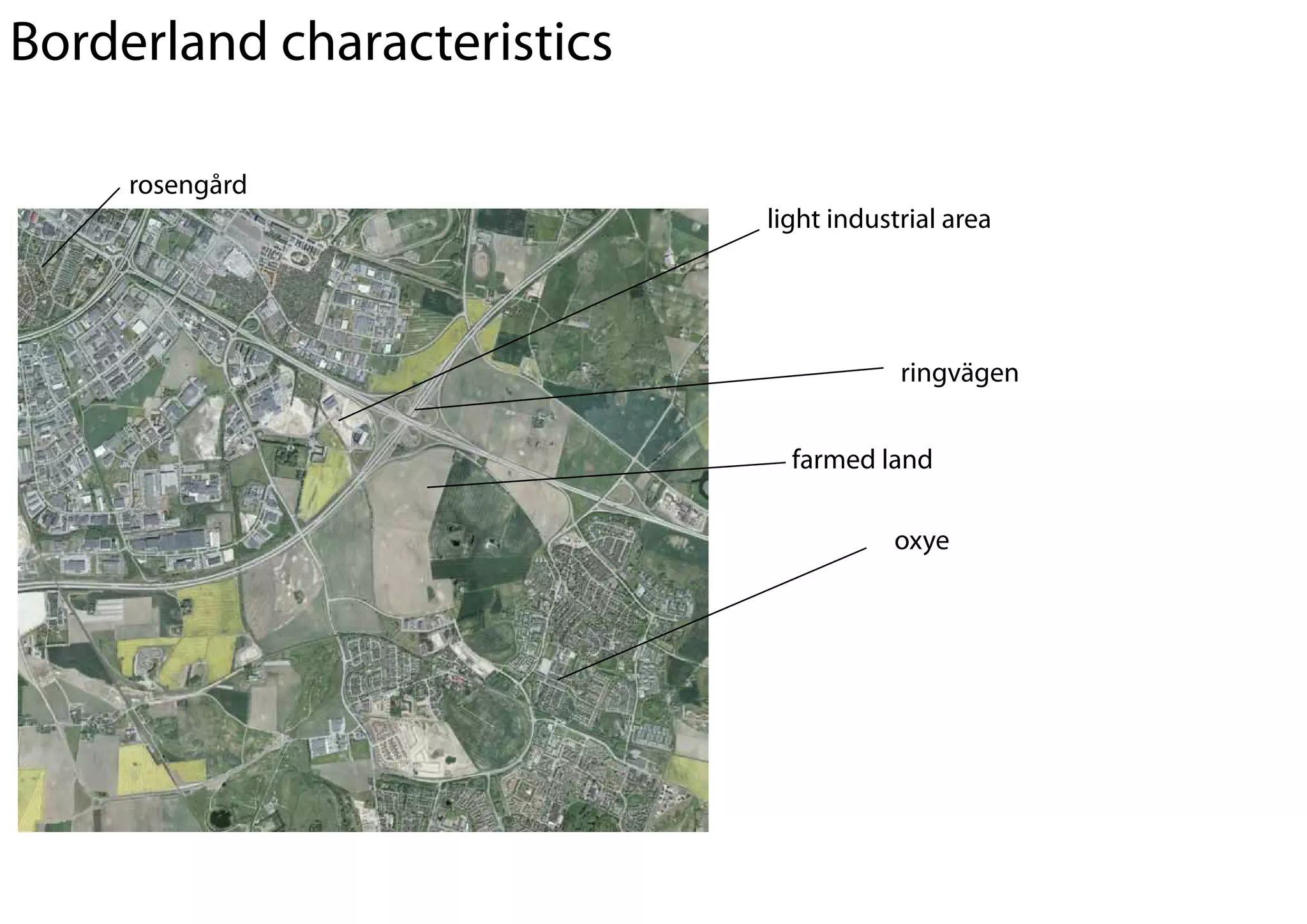 Borderland characteristics

     rosengård
                             light industrial area




                                         ringvägen


                               farmed land

                                        oxye
 