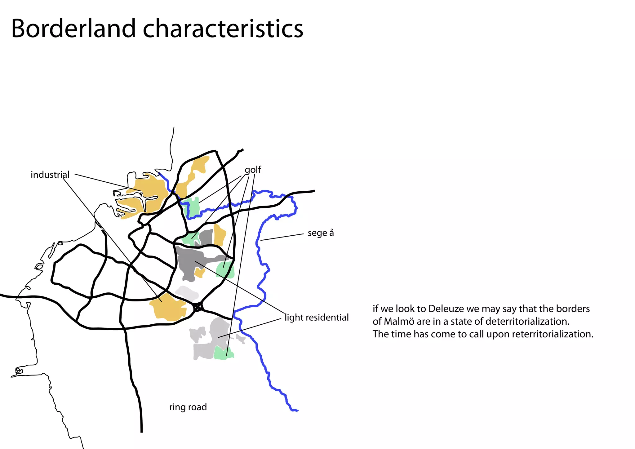 Borderland characteristics



                          golf
 industrial




                                       sege å




                                                     if we look to Deleuze we may say that the borders
                                 light residential   of Malmö are in a state of deterritorialization.
                                                     The time has come to call upon reterritorialization.




              ring road
 
