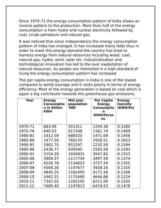 Since 1970-71 the energy consumption pattern of India shows an
inverse pattern to the production. More than half of the energy
consumption is from hydro and nuclear electricity followed by
coal, crude petroleum and natural gas.
It was noticed that since independence the energy consumption
pattern of India has changed. It has increased many folds thus in
order to meet this energy demand the country has tried to
harness energy from natural resources including wood, coal,
natural gas, hydro, wind, solar etc. Industrialization and
technological innovation has led to the over exploitation of
natural resources. As people are interested in a high standard of
living the energy consumption pattern has increased
The per capita energy consumption in India is one of the lowest
compared to world average and it ranks poorly in terms of energy
efficiency. Most of the energy generation is based on coal which is
again a big contributor towards the greenhouse gas emissions.
Year Energy
Consumptio
n in billion
KWH
Mid year
population
'000
Per Capita
Energy
Consumptio
n
KWH/Perso
ns
Energy
Inensity
(KWH/Rs)
1970-71
1975-76
1980-81
1985-86
1990-91
1995-96
2000-01
2005-06
2006-07
2007-08
2008-09
2009-10
2010-11
2011-12
663.99
840.53
1012.58
1477.50
1902.75
2436.77
3154.28
3909.37
4226.78
4508.26
4845.25
5462.31
7342.05
7689.40
551311
617248
688320
766135
852297
939540
1034931
1117734
1134023
1147677
1161495
1175480
1182105
1197813
1204.38
1361.74
1471.09
1928.51
2232.50
2593.58
3047.82
3497.59
3727.24
3928.16
4171.56
4646.88
6211.00
6419.53
0.1284
0.1409
0.1456
0.1653
0.1594
0.1593
0.1553
0.1374
0.1355
0.1325
0.1166
0.1224
0.1505
0.1478
 