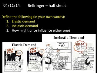 70
# Hot dogs made
Define the following (in your own words):
1. Elastic demand
2. Inelastic demand
3. How might price influence either one?
Bellringer – half sheet04/11/14
 