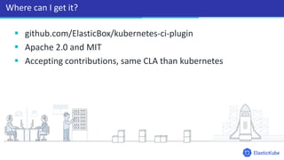  github.com/ElasticBox/kubernetes-ci-plugin
 Apache 2.0 and MIT
 Accepting contributions, same CLA than kubernetes
Where can I get it?
 
