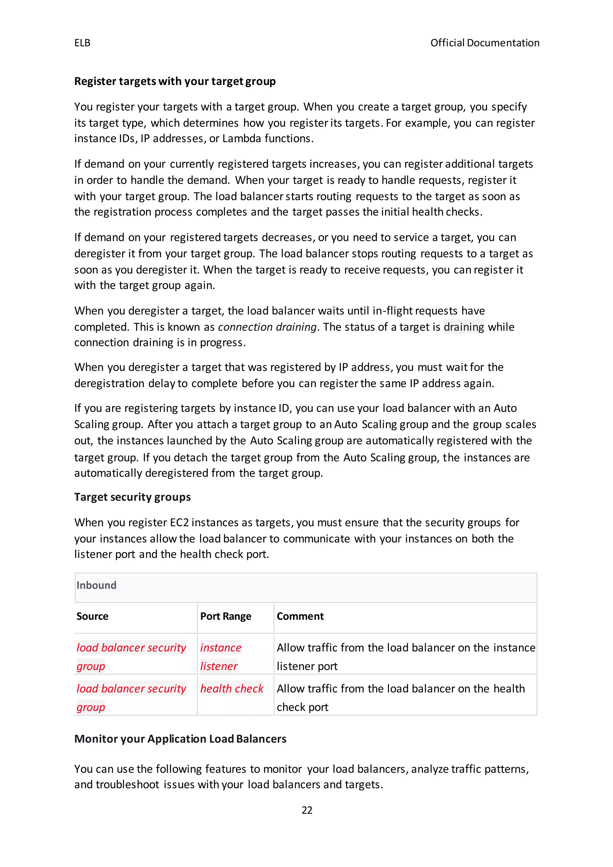 ELB Official Documentation
22
Register targets with your target group
You register your targets with a target group. When you create a target group, you specify
its target type, which determines how you register its targets. For example, you can register
instance IDs, IP addresses, or Lambda functions.
If demand on your currently registered targets increases, you can register additional targets
in order to handle the demand. When your target is ready to handle requests, register it
with your target group. The load balancer starts routing requests to the target as soon as
the registration process completes and the target passes the initial health checks.
If demand on your registered targets decreases, or you need to service a target, you can
deregister it from your target group. The load balancer stops routing requests to a target as
soon as you deregister it. When the target is ready to receive requests, you can register it
with the target group again.
When you deregister a target, the load balancer waits until in-flight requests have
completed. This is known as connection draining. The status of a target is draining while
connection draining is in progress.
When you deregister a target that was registered by IP address, you must wait for the
deregistration delay to complete before you can register the same IP address again.
If you are registering targets by instance ID, you can use your load balancer with an Auto
Scaling group. After you attach a target group to an Auto Scaling group and the group scales
out, the instances launched by the Auto Scaling group are automatically registered with the
target group. If you detach the target group from the Auto Scaling group, the instances are
automatically deregistered from the target group.
Target security groups
When you register EC2 instances as targets, you must ensure that the security groups for
your instances allow the load balancer to communicate with your instances on both the
listener port and the health check port.
Inbound
Source Port Range Comment
load balancer security
group
instance
listener
Allow traffic from the load balancer on the instance
listener port
load balancer security
group
health check Allow traffic from the load balancer on the health
check port
Monitor your Application Load Balancers
You can use the following features to monitor your load balancers, analyze traffic patterns,
and troubleshoot issues with your load balancers and targets.
 