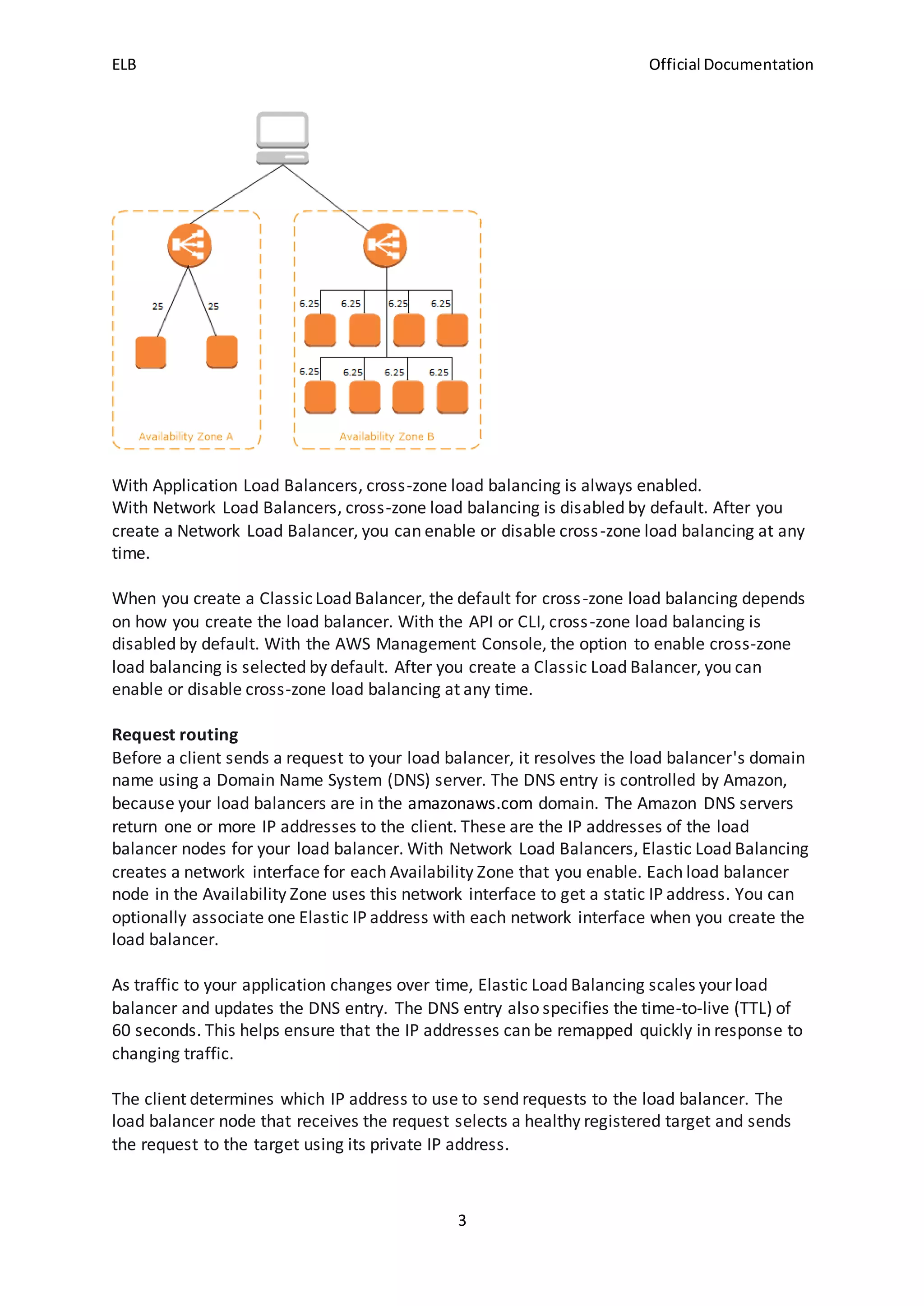 ELB Official Documentation
3
With Application Load Balancers, cross-zone load balancing is always enabled.
With Network Load Balancers, cross-zone load balancing is disabled by default. After you
create a Network Load Balancer, you can enable or disable cross-zone load balancing at any
time.
When you create a ClassicLoad Balancer, the default for cross-zone load balancing depends
on how you create the load balancer. With the API or CLI, cross-zone load balancing is
disabled by default. With the AWS Management Console, the option to enable cross-zone
load balancing is selected by default. After you create a Classic Load Balancer, you can
enable or disable cross-zone load balancing at any time.
Request routing
Before a client sends a request to your load balancer, it resolves the load balancer's domain
name using a Domain Name System (DNS) server. The DNS entry is controlled by Amazon,
because your load balancers are in the amazonaws.com domain. The Amazon DNS servers
return one or more IP addresses to the client. These are the IP addresses of the load
balancer nodes for your load balancer. With Network Load Balancers, Elastic Load Balancing
creates a network interface for each Availability Zone that you enable. Each load balancer
node in the Availability Zone uses this network interface to get a static IP address. You can
optionally associate one Elastic IP address with each network interface when you create the
load balancer.
As traffic to your application changes over time, Elastic Load Balancing scales your load
balancer and updates the DNS entry. The DNS entry also specifies the time-to-live (TTL) of
60 seconds. This helps ensure that the IP addresses can be remapped quickly in response to
changing traffic.
The client determines which IP address to use to send requests to the load balancer. The
load balancer node that receives the request selects a healthy registered target and sends
the request to the target using its private IP address.
 