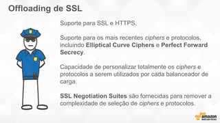 Suporte para SSL e HTTPS.
Suporte para os mais recentes ciphers e protocolos,
incluindo Elliptical Curve Ciphers e Perfect Forward
Secrecy.
Capacidade de personalizar totalmente os ciphers e
protocolos a serem utilizados por cada balanceador de
carga.
SSL Negotiation Suites são fornecidas para remover a
complexidade de seleção de ciphers e protocolos.
Offloading de SSL
 