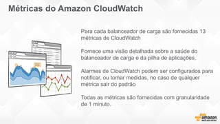 Para cada balanceador de carga são fornecidas 13
métricas de CloudWatch
Fornece uma visão detalhada sobre a saúde do
balanceador de carga e da pilha de aplicações.
Alarmes de CloudWatch podem ser configurados para
notificar, ou tomar medidas, no caso de qualquer
métrica sair do padrão
Todas as métricas são fornecidas com granularidade
de 1 minuto.
Métricas do Amazon CloudWatch
 