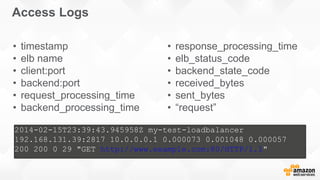 • timestamp
• elb name
• client:port
• backend:port
• request_processing_time
• backend_processing_time
• response_processing_time
• elb_status_code
• backend_state_code
• received_bytes
• sent_bytes
• “request”
2014-02-15T23:39:43.945958Z my-test-loadbalancer
192.168.131.39:2817 10.0.0.0.1 0.000073 0.001048 0.000057
200 200 0 29 "GET http://www.example.com:80/HTTP/1.1"
Access Logs
 