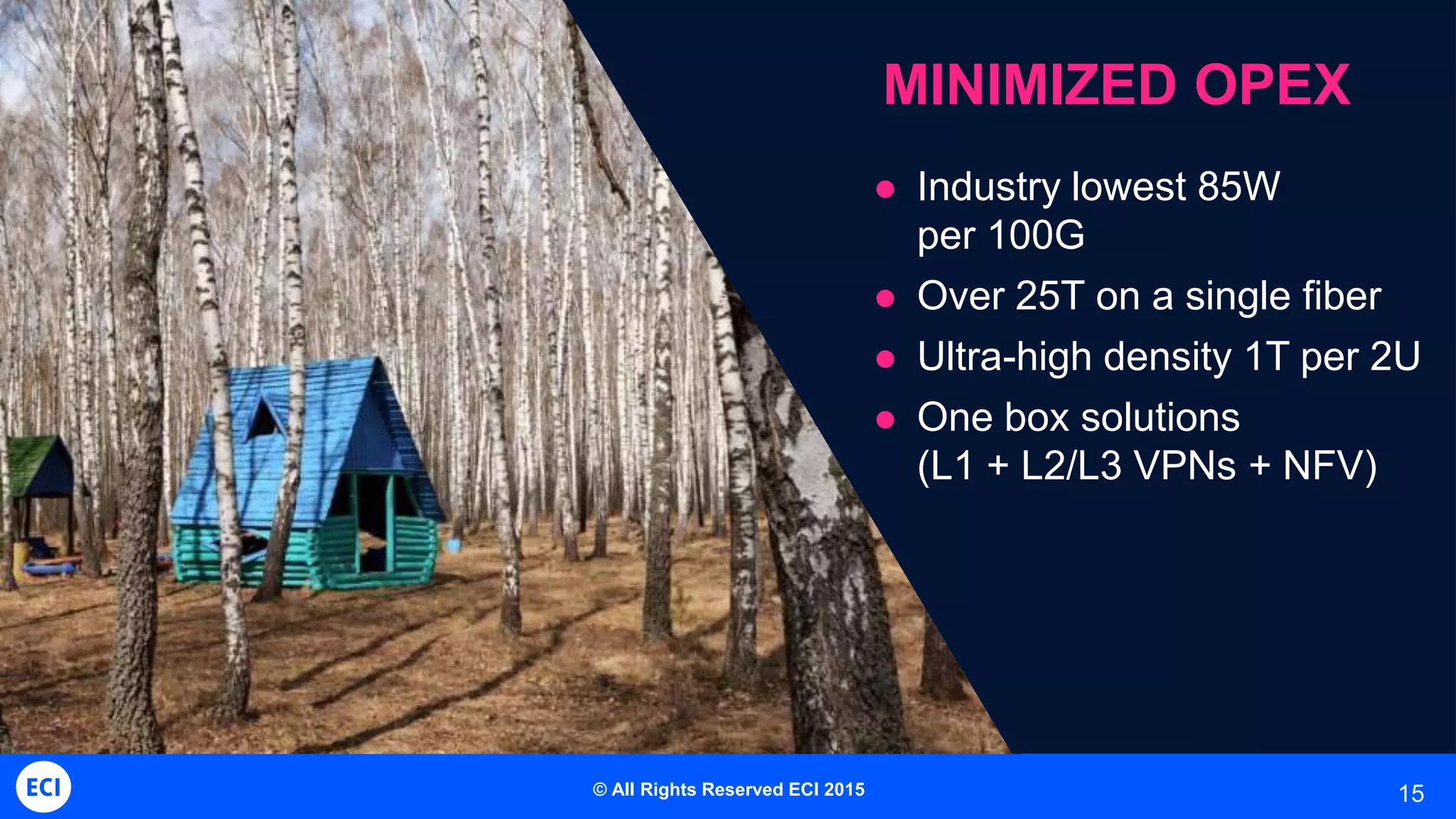 15
MINIMIZED OPEX
 Industry lowest 85W
per 100G
 Over 25T on a single fiber
 Ultra-high density 1T per 2U
 One box solutions
(L1 + L2/L3 VPNs + NFV)
© All Rights Reserved ECI 2015
 