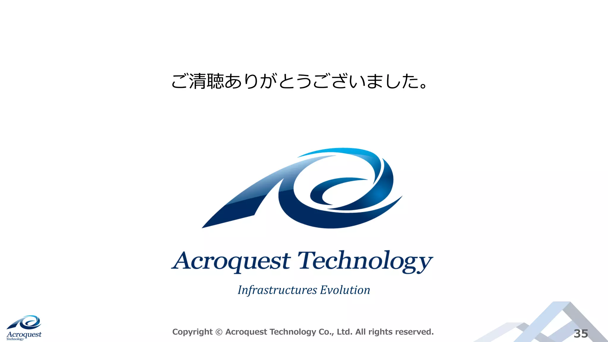 Copyright © Acroquest Technology Co., Ltd. All rights reserved. 35
ご清聴ありがとうございました。
Infrastructures Evolution
 