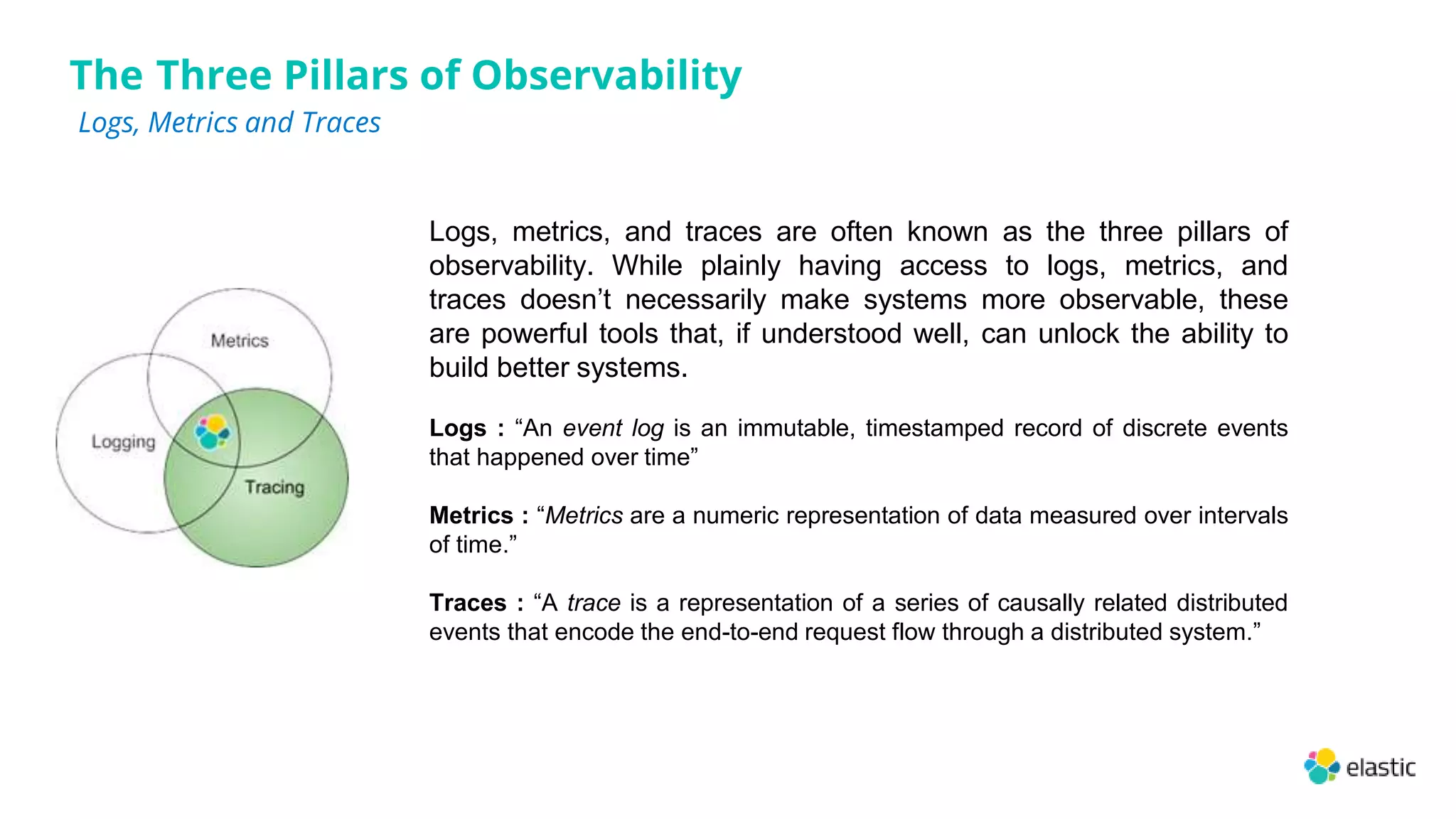 The Three Pillars of Observability
Logs, Metrics and Traces
Logs, metrics, and traces are often known as the three pillars of
observability. While plainly having access to logs, metrics, and
traces doesn’t necessarily make systems more observable, these
are powerful tools that, if understood well, can unlock the ability to
build better systems.
Logs : “An event log is an immutable, timestamped record of discrete events
that happened over time”
Metrics : “Metrics are a numeric representation of data measured over intervals
of time.”
Traces : “A trace is a representation of a series of causally related distributed
events that encode the end-to-end request flow through a distributed system.”
 