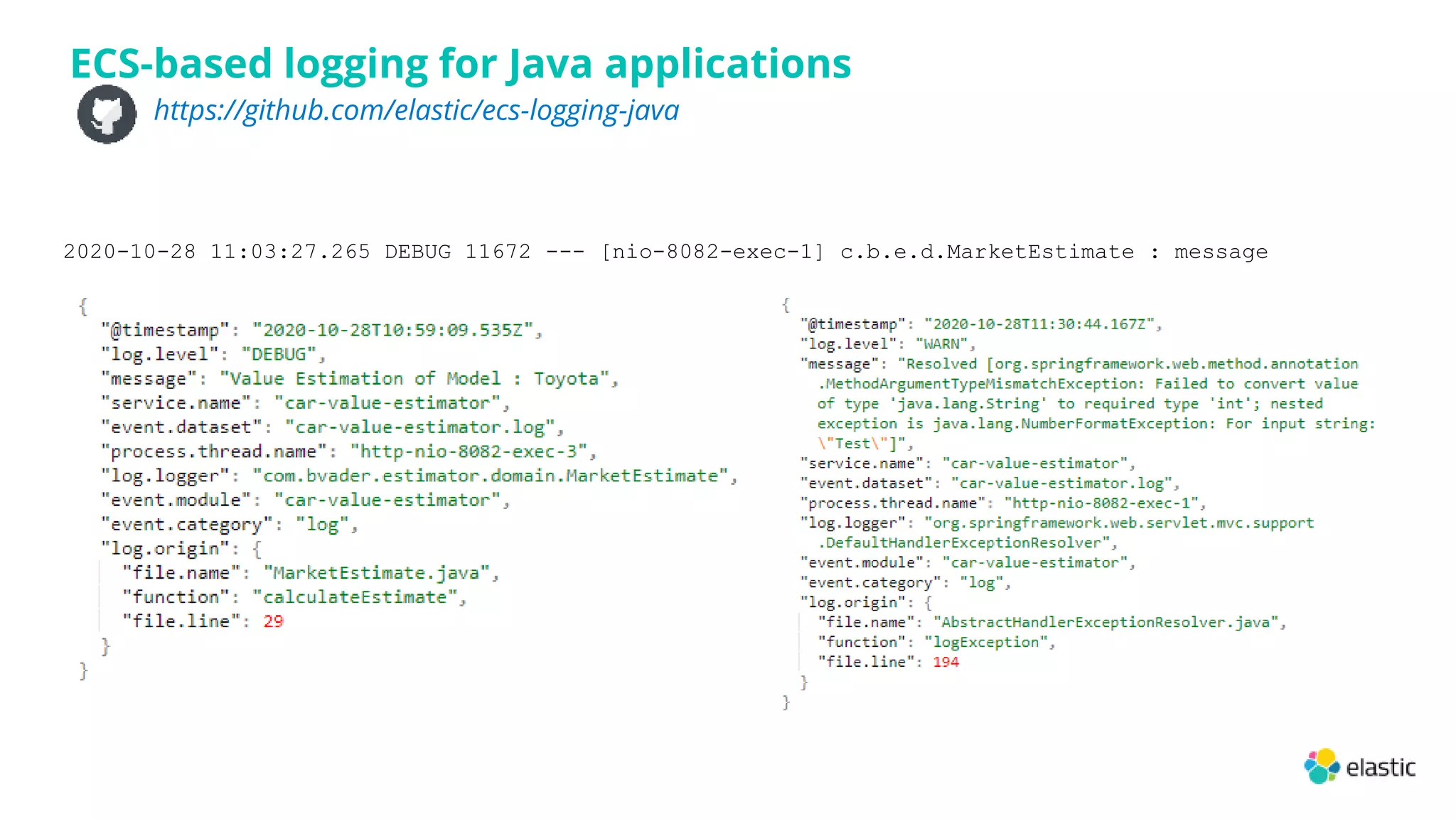 2020-10-28 11:03:27.265 DEBUG 11672 --- [nio-8082-exec-1] c.b.e.d.MarketEstimate : message
ECS-based logging for Java applications
https://github.com/elastic/ecs-logging-java
 