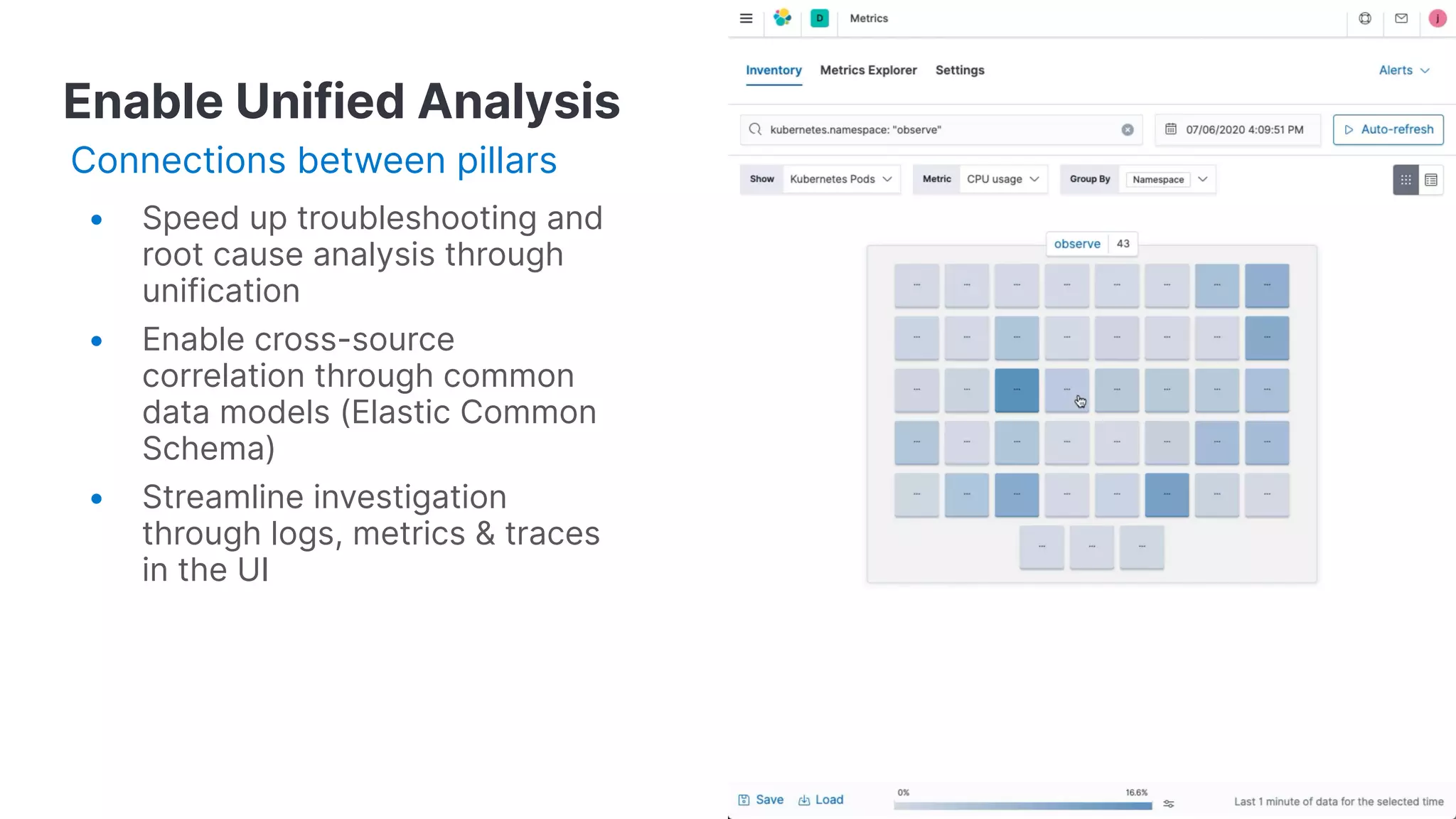 Enable Unified Analysis
Connections between pillars
• Speed up troubleshooting and
root cause analysis through
unification
• Enable cross-source
correlation through common
data models (Elastic Common
Schema)
• Streamline investigation
through logs, metrics & traces
in the UI
 