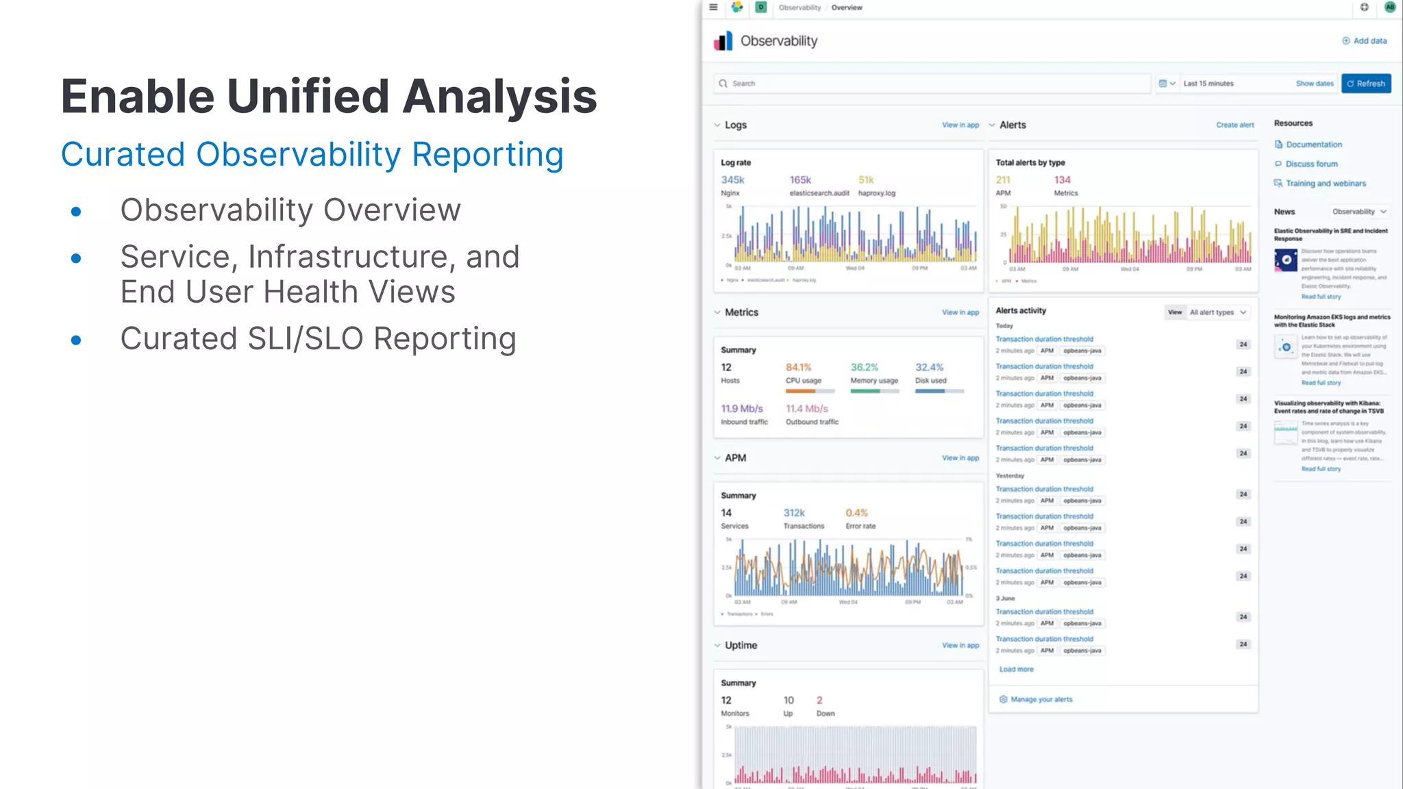 Enable Unified Analysis
Curated Observability Reporting
• Observability Overview
• Service, Infrastructure, and
End User Health Views
• Curated SLI/SLO Reporting
 