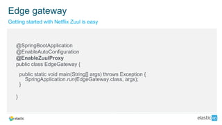 @SpringBootApplication
@EnableAutoConfiguration
@EnableZuulProxy
public class EdgeGateway {
public static void main(String[] args) throws Exception {
SpringApplication.run(EdgeGateway.class, args);
}
}
Getting started with Netflix Zuul is easy
Edge gateway
 