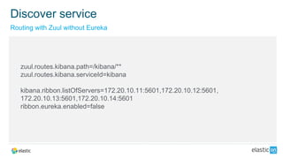 zuul.routes.kibana.path=/kibana/**
zuul.routes.kibana.serviceId=kibana
kibana.ribbon.listOfServers=172.20.10.11:5601,172.20.10.12:5601,
172.20.10.13:5601,172.20.10.14:5601
ribbon.eureka.enabled=false
Routing with Zuul without Eureka
Discover service
 