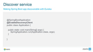 @SpringBootApplication
@EnableDiscoveryClient
public class Application {
public static void main(String[] args) {
SpringApplication.run(Application.class, args);
}
}
Making Spring Boot app discoverable with Eureka
Discover service
 
