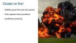 Cluster on fire!
• Stability issues from end user queries
• Data ingestion latency problems
• Insufficient monitoring
 
