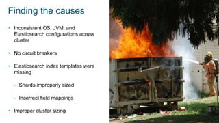 Finding the causes
• Inconsistent OS, JVM, and
Elasticsearch configurations across
cluster
• No circuit breakers
• Elasticsearch index templates were
missing
• Shards improperly sized
• Incorrect field mappings
• Improper cluster sizing
 