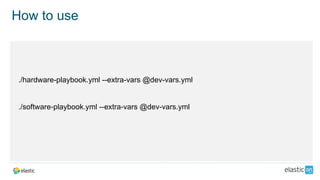 ./hardware-playbook.yml --extra-vars @dev-vars.yml
./software-playbook.yml --extra-vars @dev-vars.yml
How to use
 