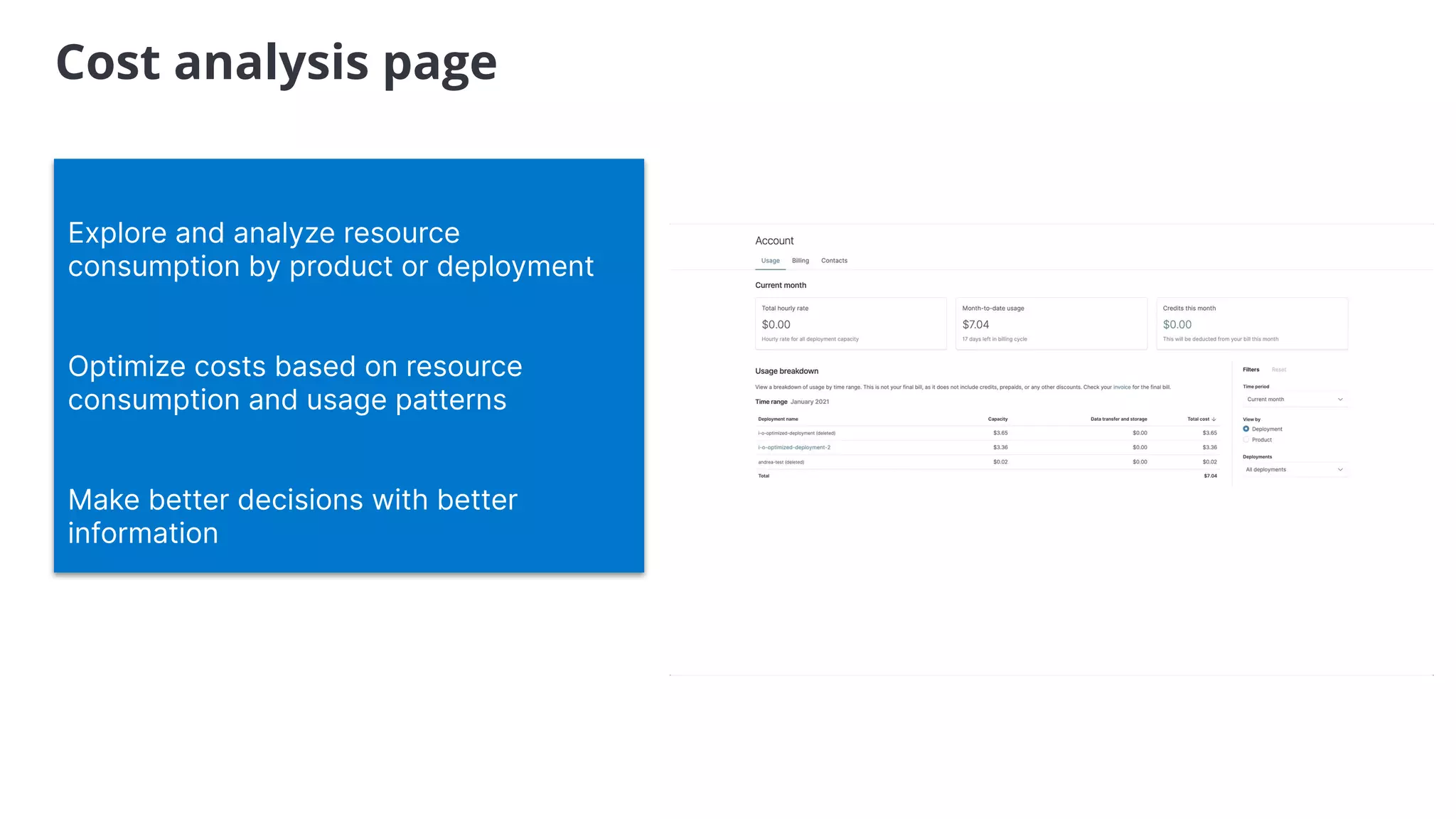 Cost analysis page
Explore and analyze resource
consumption by product or deployment
Optimize costs based on resource
consumption and usage patterns
Make better decisions with better
information
 