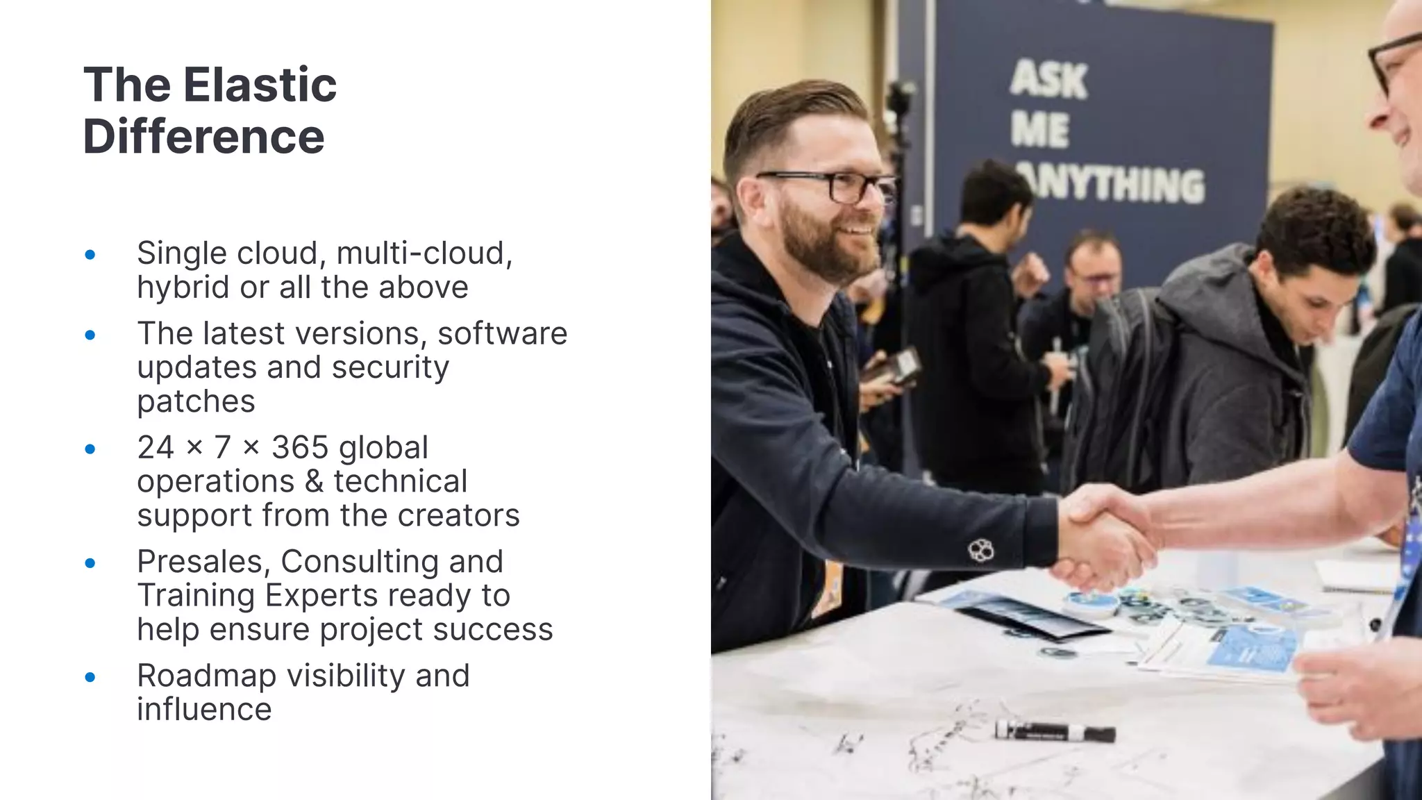 The Elastic
Difference
• Single cloud, multi-cloud,
hybrid or all the above
• The latest versions, software
updates and security
patches
• 24  7  365 global
operations & technical
support from the creators
• Presales, Consulting and
Training Experts ready to
help ensure project success
• Roadmap visibility and
influence
 