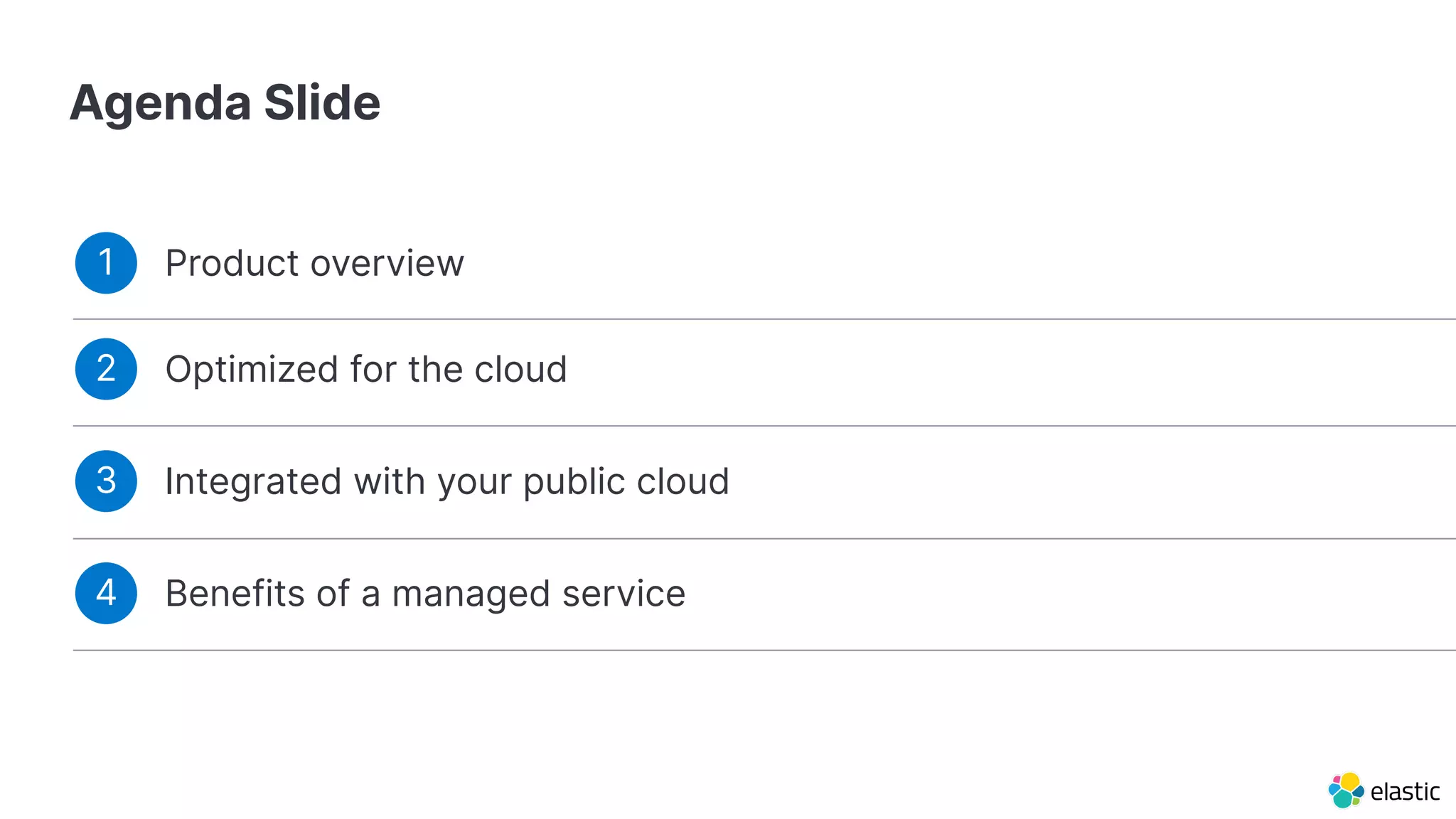 Agenda Slide
Product overview
1
Integrated with your public cloud
3
Benefits of a managed service
4
Optimized for the cloud
2
 