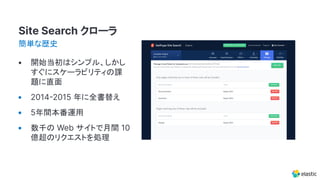 Site Search クローラ
簡単な歴史
• 開始当初はシンプル、しかし
すぐにスケーラビリティの課
題に直面
• 20142015 年に全書替え
• 5年間本番運用
• 数千の Web サイトで月間 10
億超のリクエストを処理
 