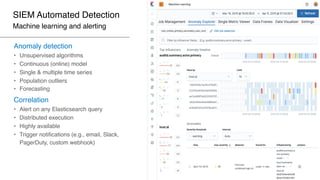 SIEM Automated Detection
Machine learning and alerting
Anomaly detection
• Unsupervised algorithms
• Continuous (online) model
• Single & multiple time series
• Population outliers
• Forecasting
Correlation
• Alert on any Elasticsearch query
• Distributed execution
• Highly available
• Trigger notifications (e.g., email, Slack,
PagerDuty, custom webhook)
 