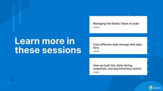 Learn more in
these sessions
Managing the Elastic Stack at scale
Cost-effective data storage with data
tiers
How we built this: Data tiering,
snapshots, and asynchronous search
 