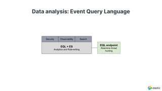 Data analysis: Event Query Language
EQL + ES
Analytics and Rule-writing
EQL endpoint
Real-time threat
hunting
Security Observability Search
 