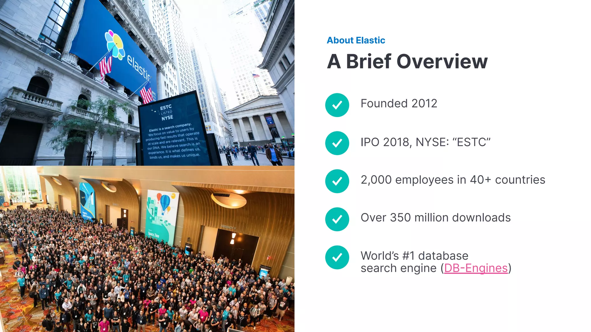 Over 350 million downloads
2,000 employees in 40 countries
IPO 2018, NYSE “ESTC”
Founded 2012
A Brief Overview
About Elastic
World’s #1 database
search engine (DBEngines)
 