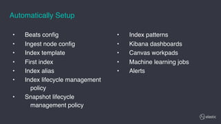 • Beats config
• Ingest node config
• Index template
• First index
• Index alias
• Index lifecycle management
policy
• Snapshot lifecycle
management policy
• Index patterns
• Kibana dashboards
• Canvas workpads
• Machine learning jobs
• Alerts
Automatically Setup
 